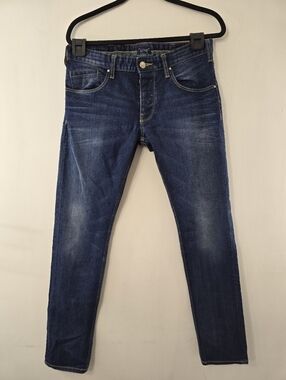 Armani Jeans J23 Slim 31 x 34 Dark Indigo Button Fly Blue Denim Whiskered Mens